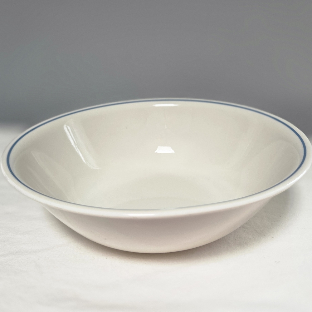 Vintage Corelle By Corning Serving Bowl 8 1/2” Tan With Blue Stripe Rim